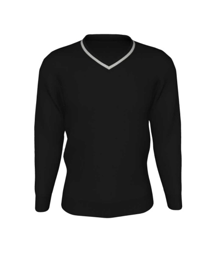 BLACK V-NECK JUMPER WITH SILVER TRIM, Caister Academy, Free delivery to schools